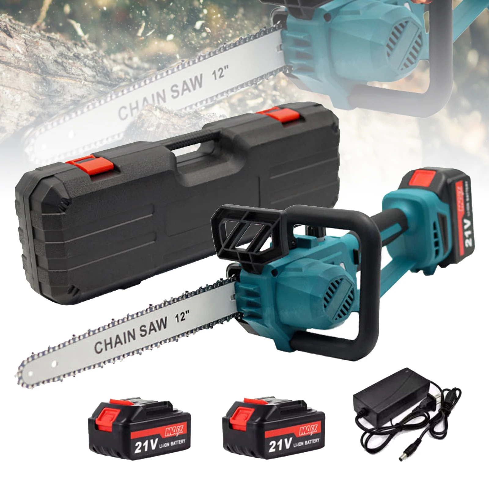 Scie à chaîne à batterie au lithium 21V à grande vitesse avec 2 batteries et fonction autolubrifiante, scie à chaîne de 12 pouces pour la sculpture sur bois