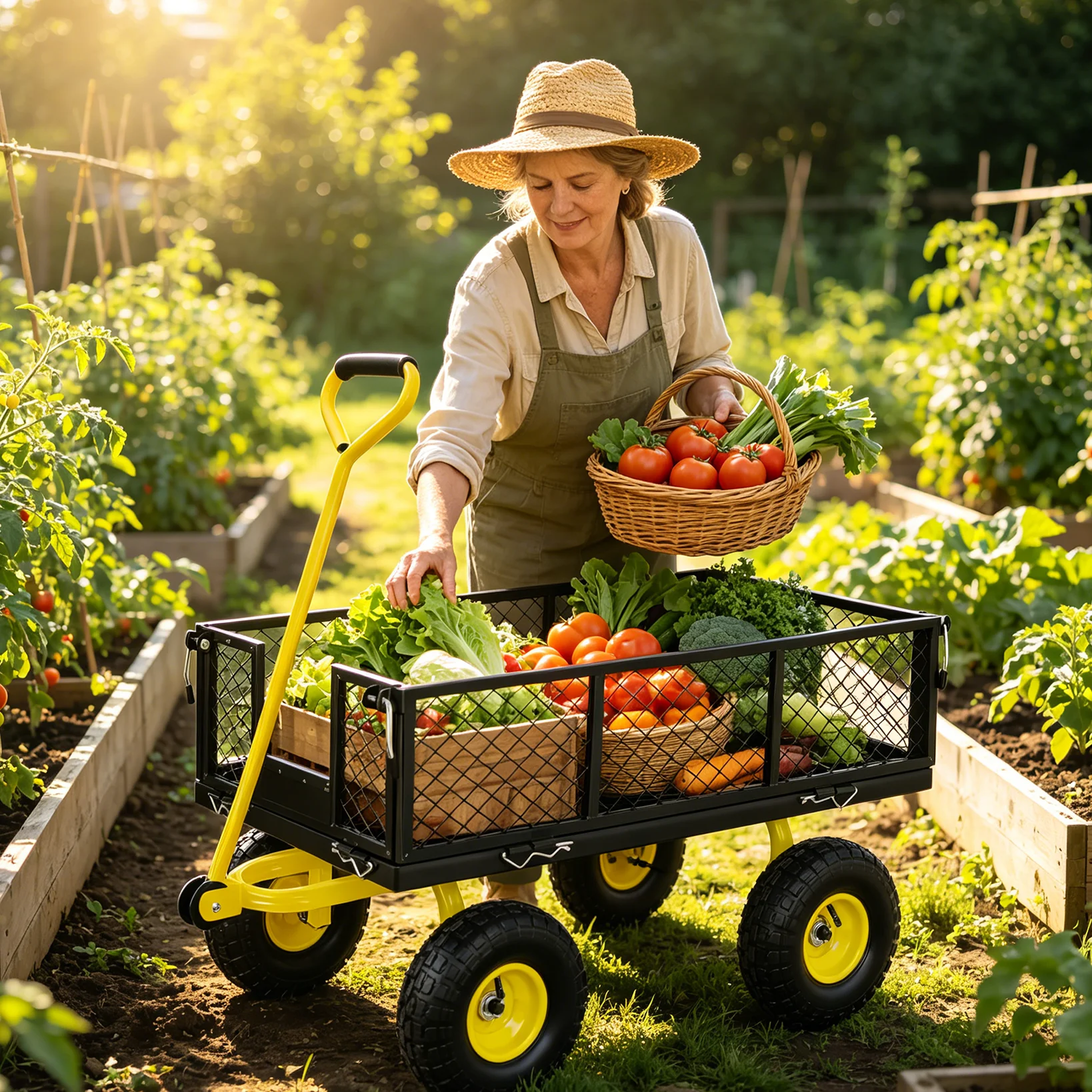 Chariot de jardin convertible 2-en-1, capacité de charge de 408 kg (900 lb), chariot en acier robuste, panneaux latéraux amovibles transformables en plateau, roues pneumatiques tout-terrain de 10