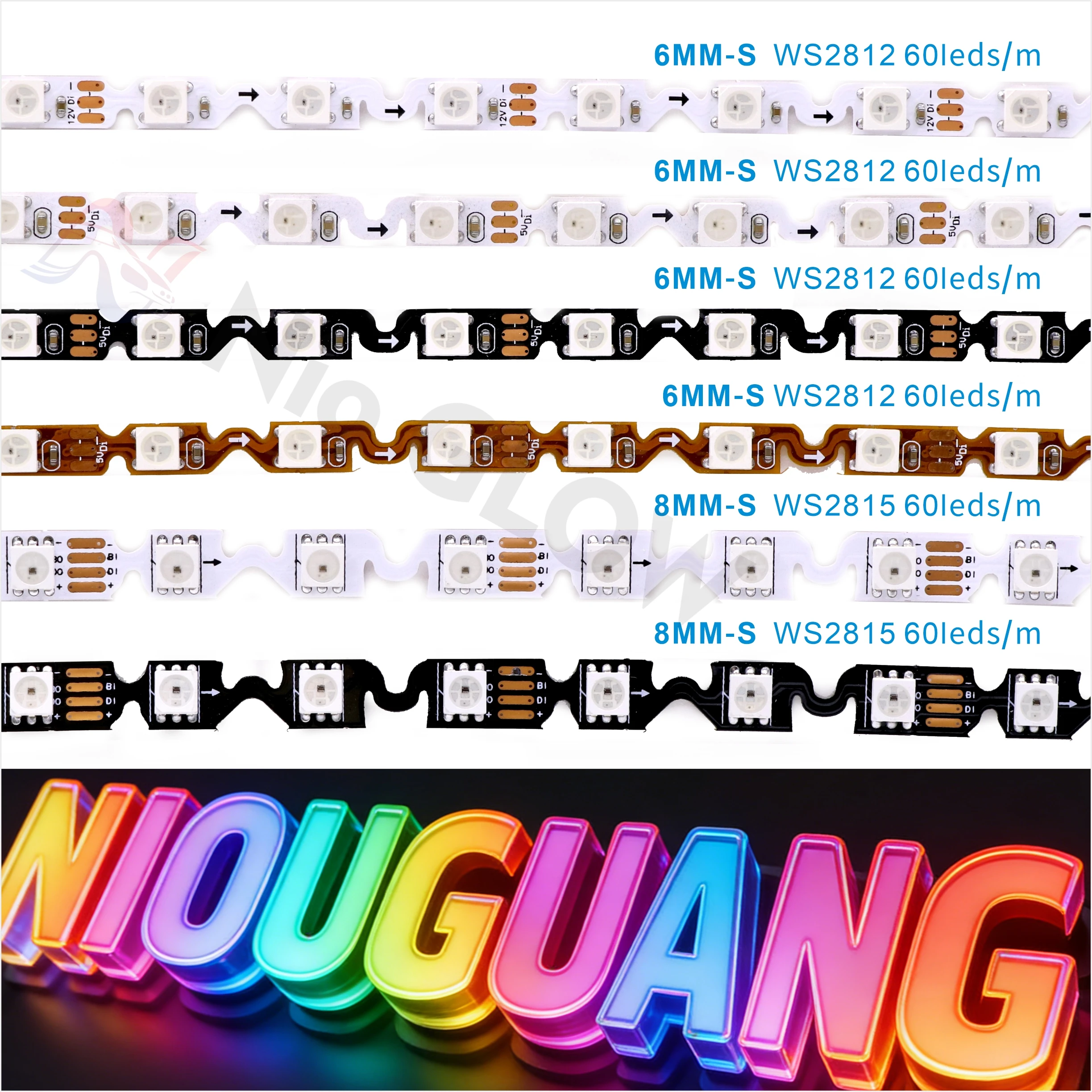 WS2812B WS2815 S-type RGB LED Strip 5V 12V Addressable 6mm PCB 60LEDs/m Flexible Bendable For Neon Sign