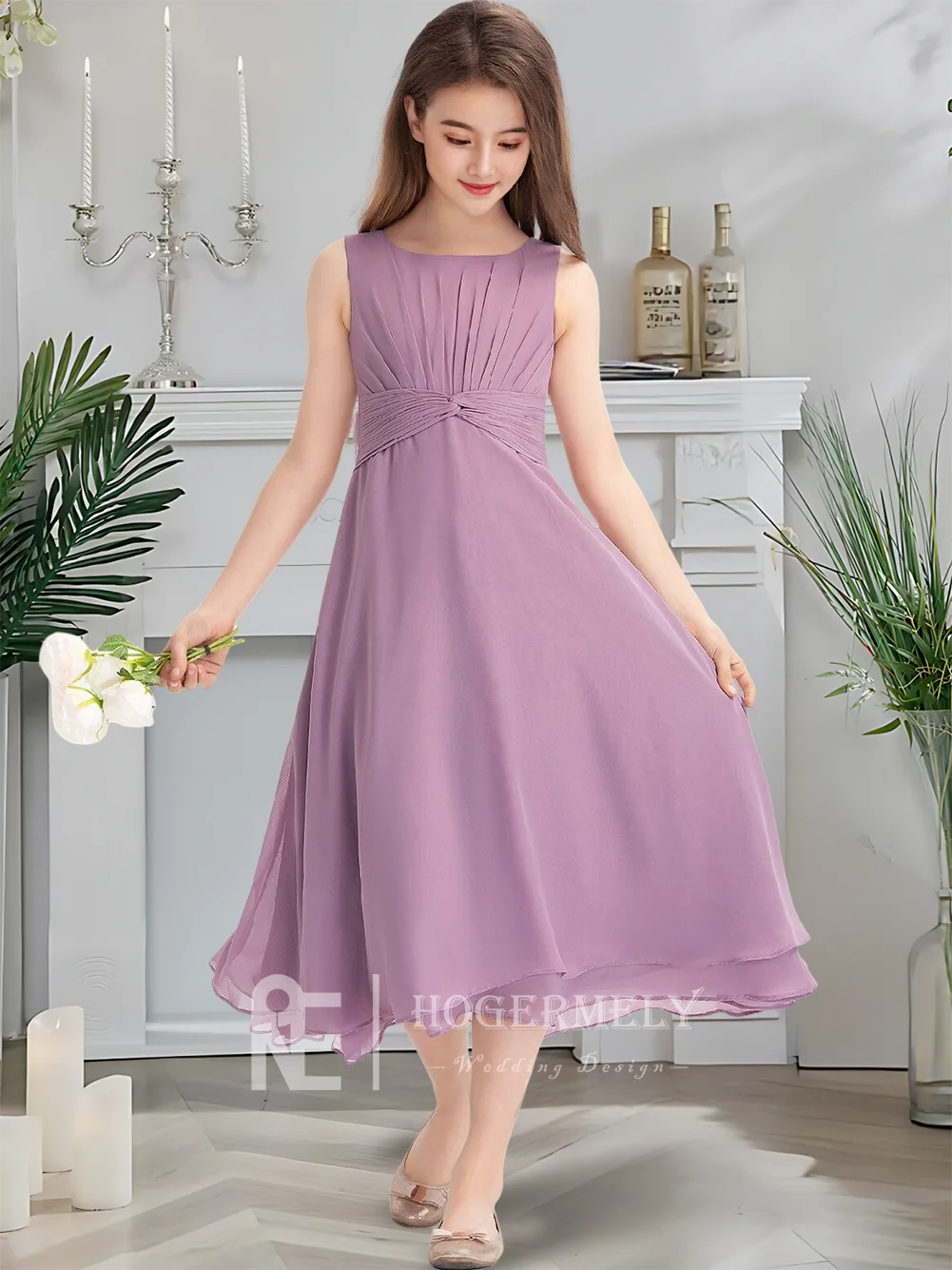 Изящное трапециевидное платье для подружек невесты, сиреневое платье с цветочным узором для девочек, свадебное платье чайной длины с квадратным вырезом и бантом с поясом для юниоров