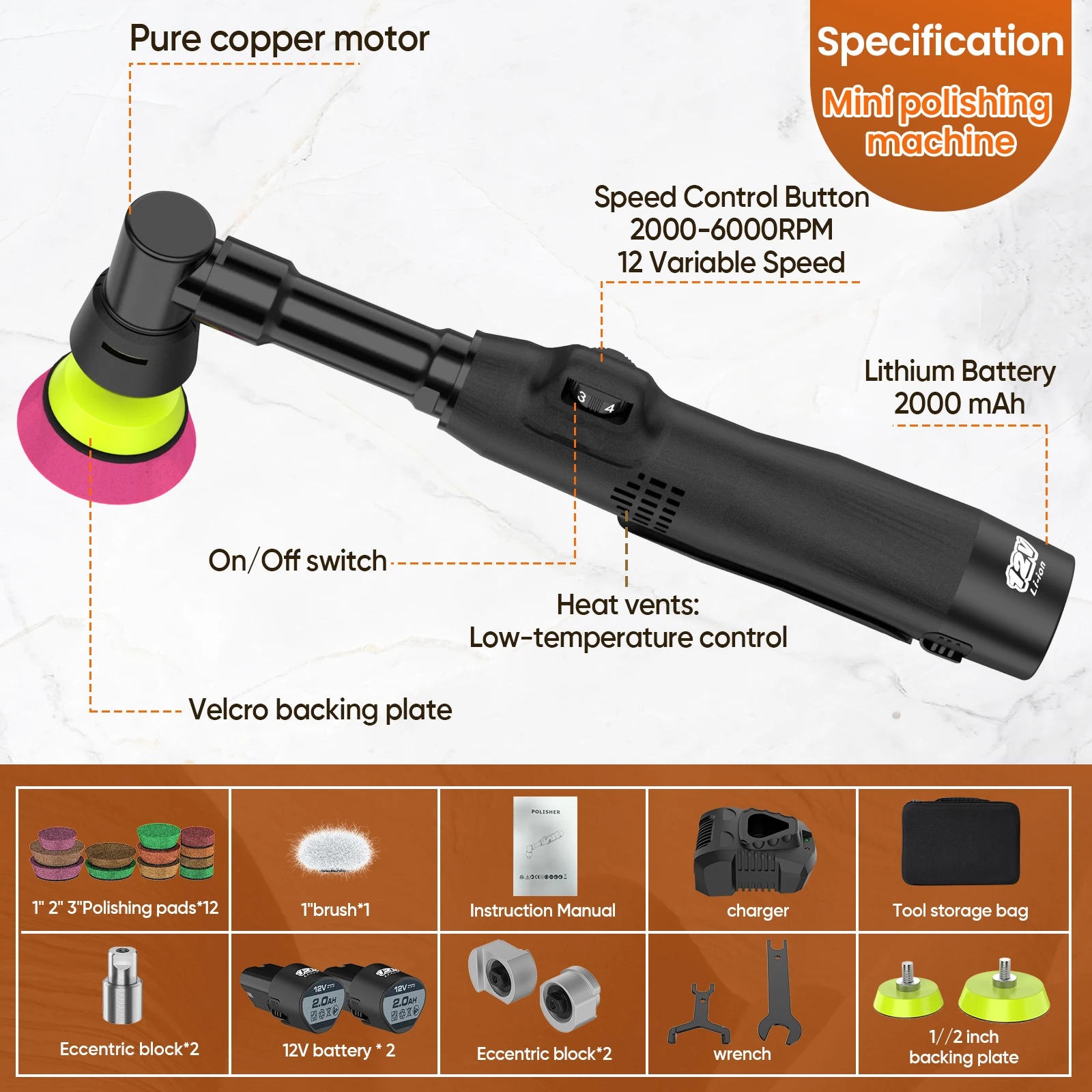 12V 2000mAh Kabellose Mini-Autopoliermaschine RO/DA Mikro-Kratzer-Detailpoliermaschine, Einstellbare Geschwindigkeit, 2 Batterien – Detail 6