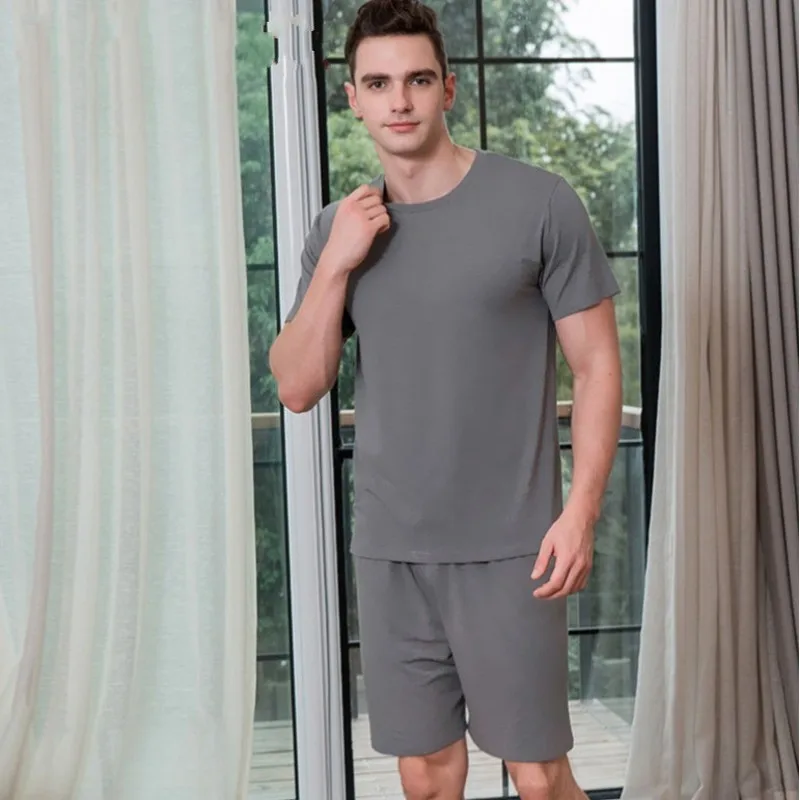 Sommer Männer lässig Pyjama Sets männlich 100% Baumwolle Nachtwäsche Anzug Kurzarm O-Ausschnitt Kragen T-Shirt & halbe Hose Herren Hauskleidung