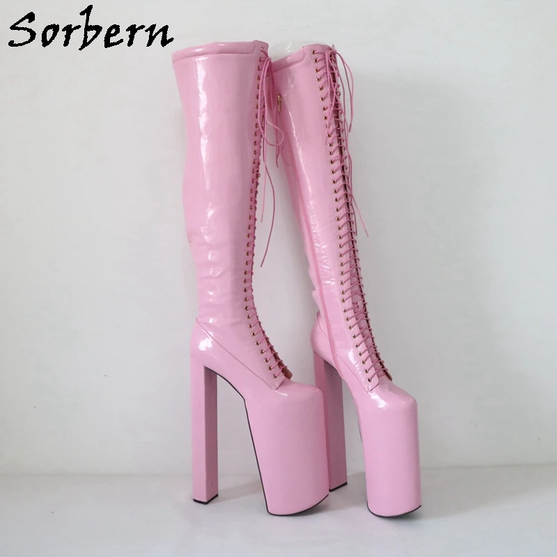 Sorbern Pink Over The Knee Boots Women Unisex Fetish 30Cm Block High Heel Invisible Platform Shoes Drag Queen Custom Size EU3-48