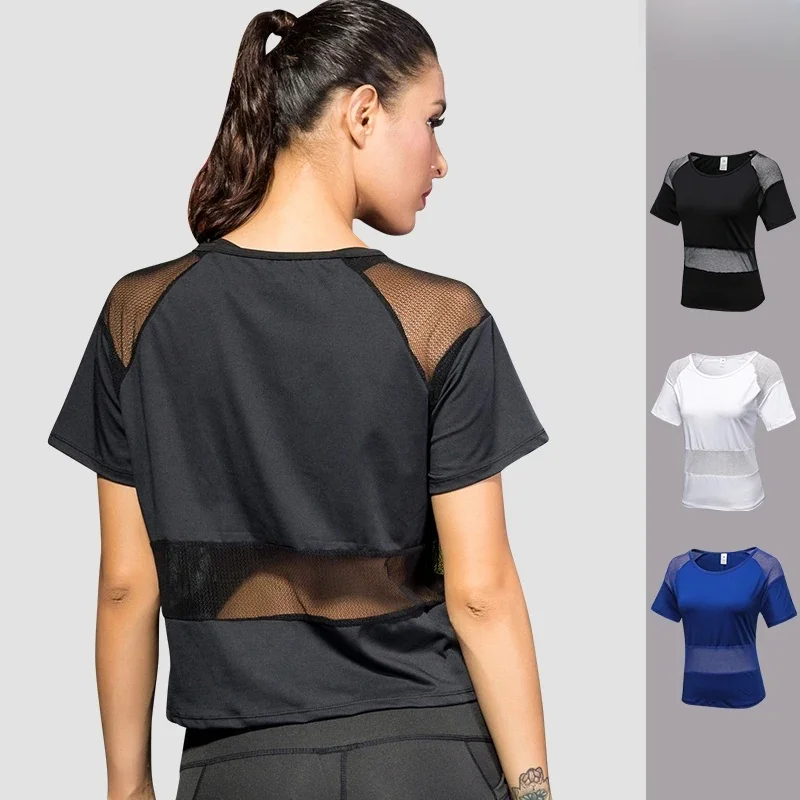 2023 koszulka do biegania kobiety koszulka fitness odzież sportowa Sexy Hollow Out top do jogi oddychająca szybkie suche krótki top dla kobiet gym T Shirt — zdjęcie 2
