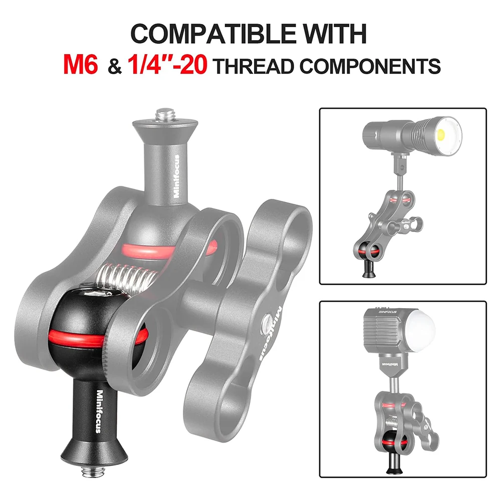 1'' inch Ball Adapter with M6 & 1/4''-20 Screw Ballhead Mount for Underwater Tray Bracket Extended Flashlight Light Arm System