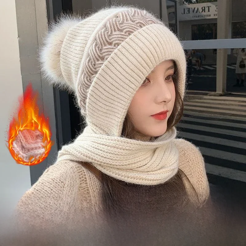 AliExpress Hat Scarf All-in-one Female Winter Warm Rabbit Hair Knitted Cap Cycling Ear Protection Padded Cute