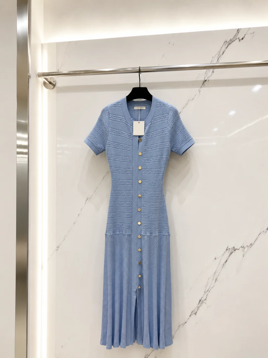 

2026 Women Dress Short Round Collar Jacquard Knit Midi Front Placket Slit Tailored Graceful Silhouette