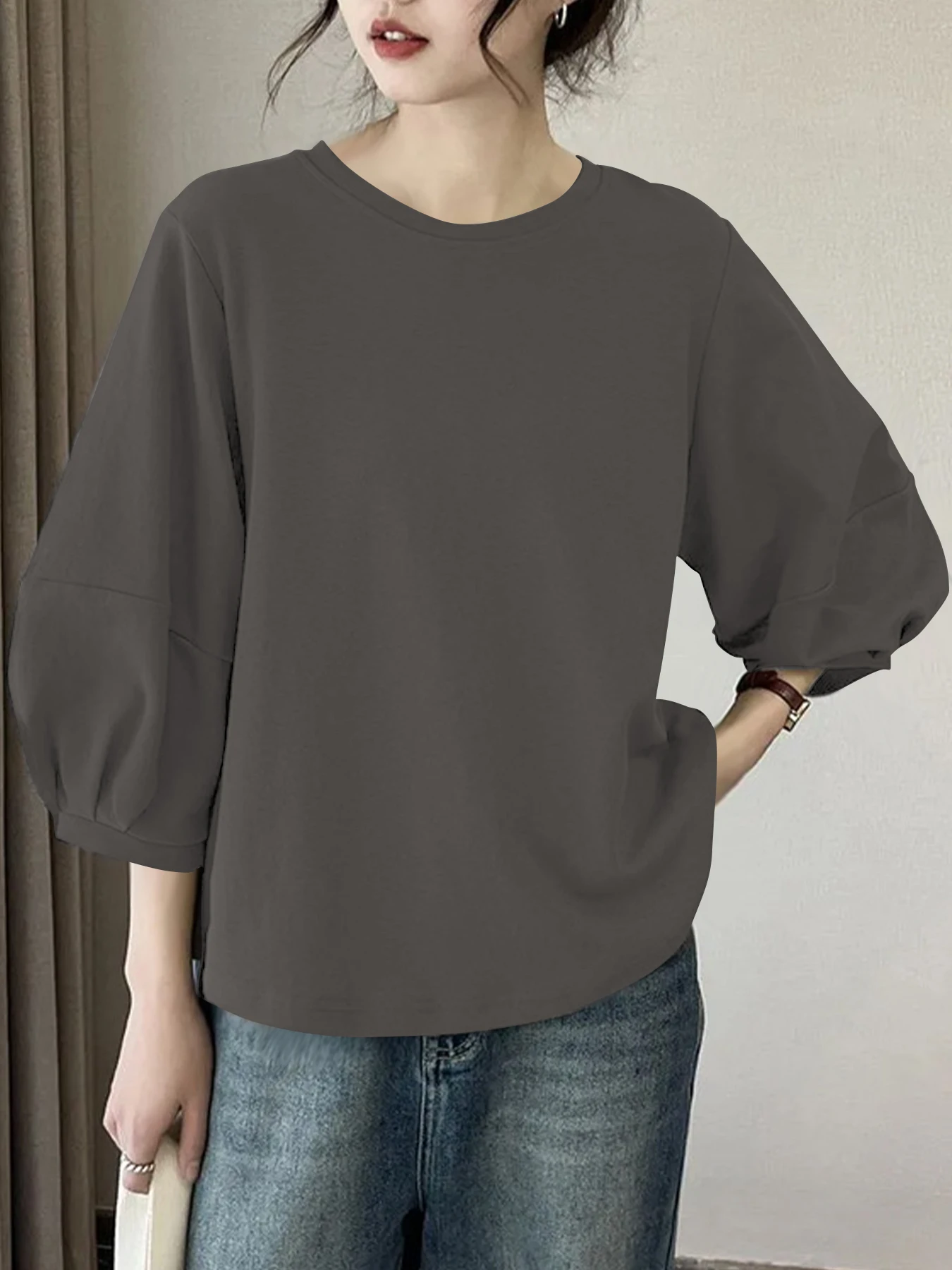 Damen-Tops mit 3/4-Ärmeln, Rundhalsausschnitt, lässig, trendig, lockere T-Shirts – Detail 6
