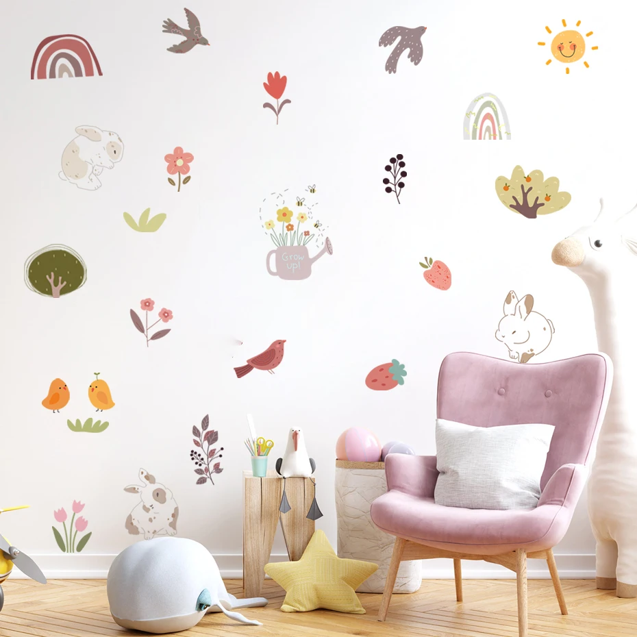 

Cartoon Rabbit Flowers Rainbow Watercolor Wall Sticker Nursery Children Room Wall Art Decal Kids Room Bedroom Living Home Decor
