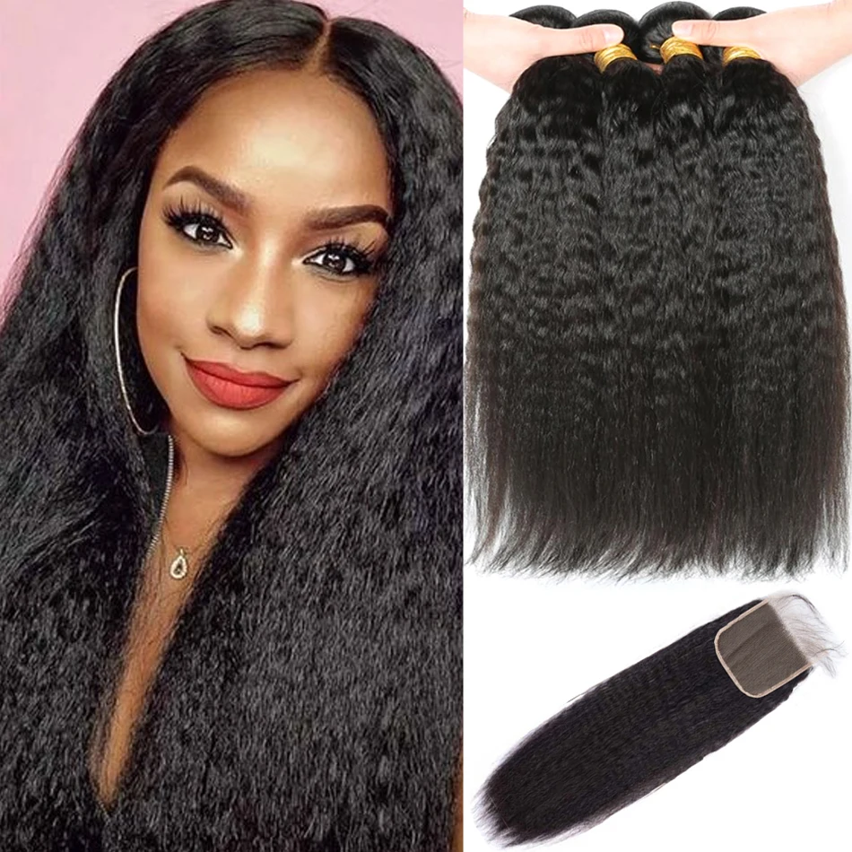 

Kinky Straight Bundles With Closure 12A Brazilian Unprocessed Yaki Straight Human Hair Bundles HD Lace Frontals 4 Bundle Deals