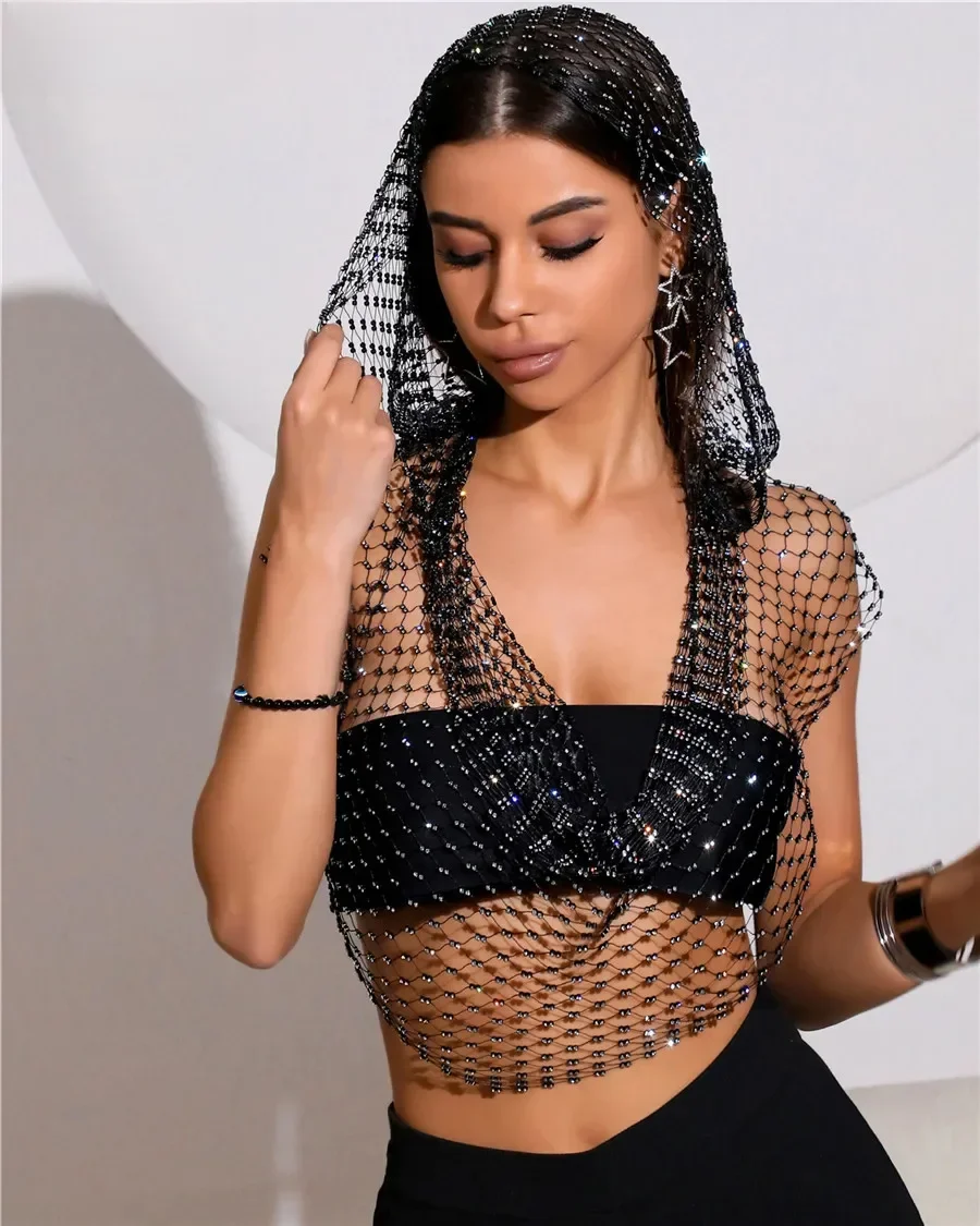 Seksowna koszulka bez ramiączek z głębokim dekoltem V dla kobiet Błyszczący Rhinestone Hollow See Through Fishnet Tank Top Rave Festival Crop Tops — zdjęcie 2