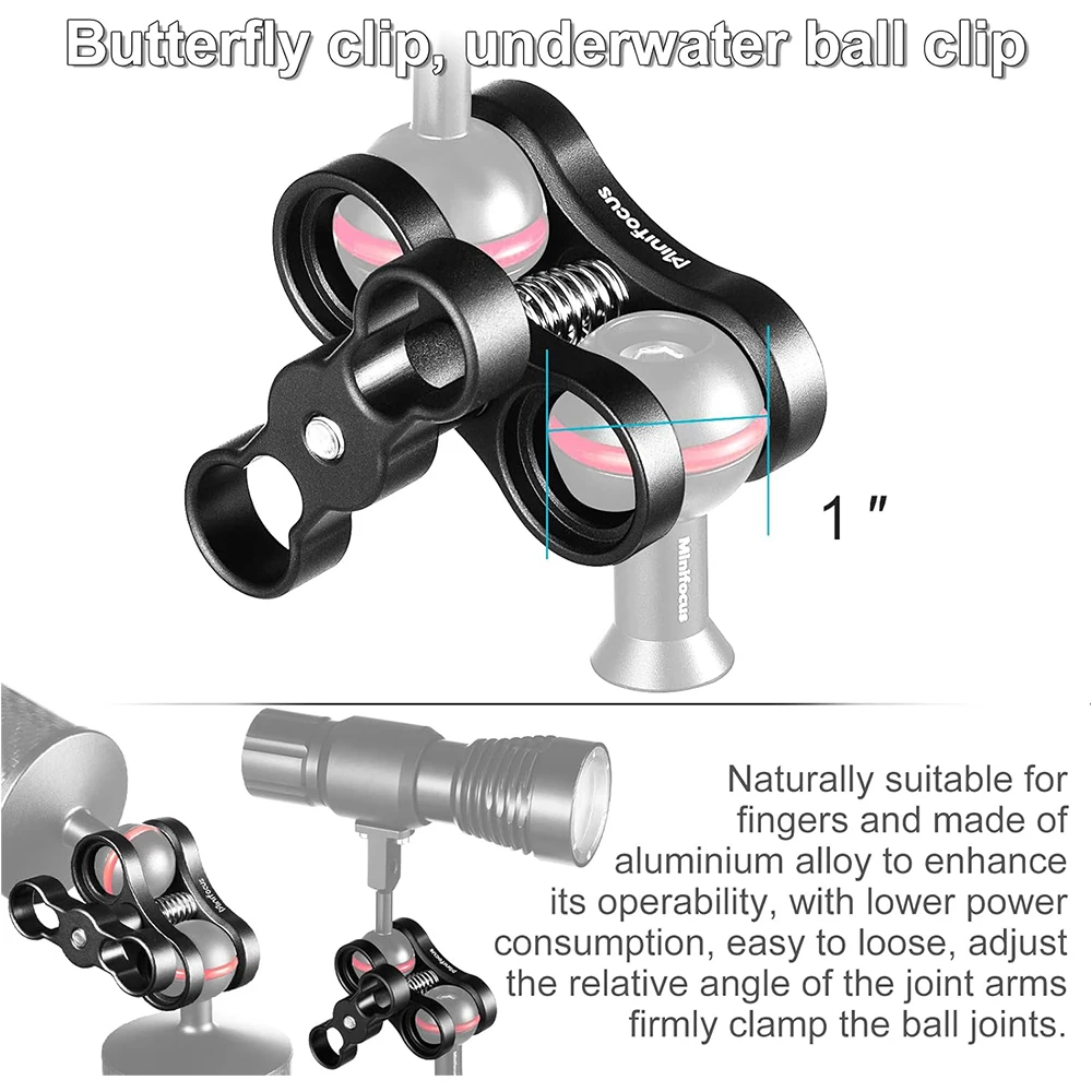 1\'\' Aluminum Ball Clamp Mount for Underwater Diving Light Arms Tray System, Photography Diving Camera, 360° Clip Adapter Bracket