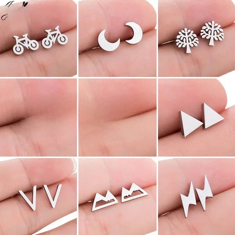 Petites boucles d'oreilles en acier inoxydable pour femmes, bijoux punk tendance, motifs lune, feuille, ciseaux, montagne enneigée, boucles d'oreilles clous, meilleur cadeau pour les amis