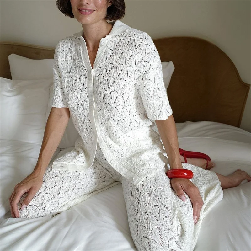 2PCS Women's Short Sleeve Hollow Out Knit Top Blouse And Long Pants Sexy Swimwear Beach Crochet Bikini Cover-Up Casual Outfits
