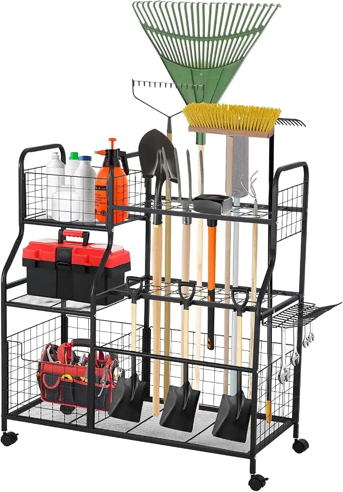 Étagère de rangement robuste à 6 niveaux sur roulettes pour garage, jardin et cour