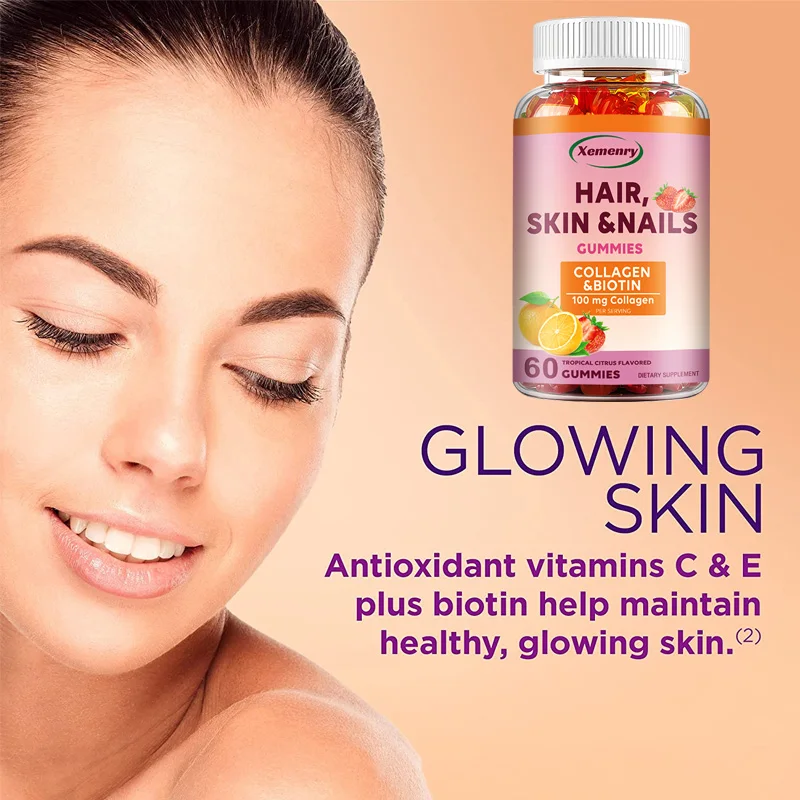 Hair, Skin & Nails Vitamins - Contains Biotin, Collagen - Promotes Hair Growth, Nourishes Skin, Strengthens Nails - 60 Gummies