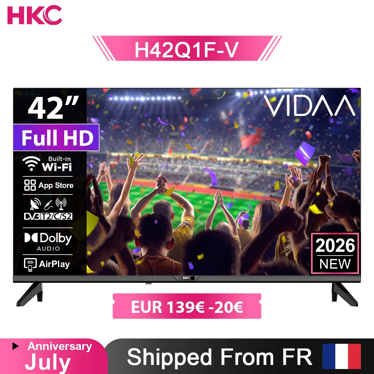 HKC 42Q1L 42 Pouces TV Intelligent FHD VIDAA DVB T2 S2 C Complet Écran Sharp HDR10 Dolby Audio Port HDMI AV Jack 3,5mm