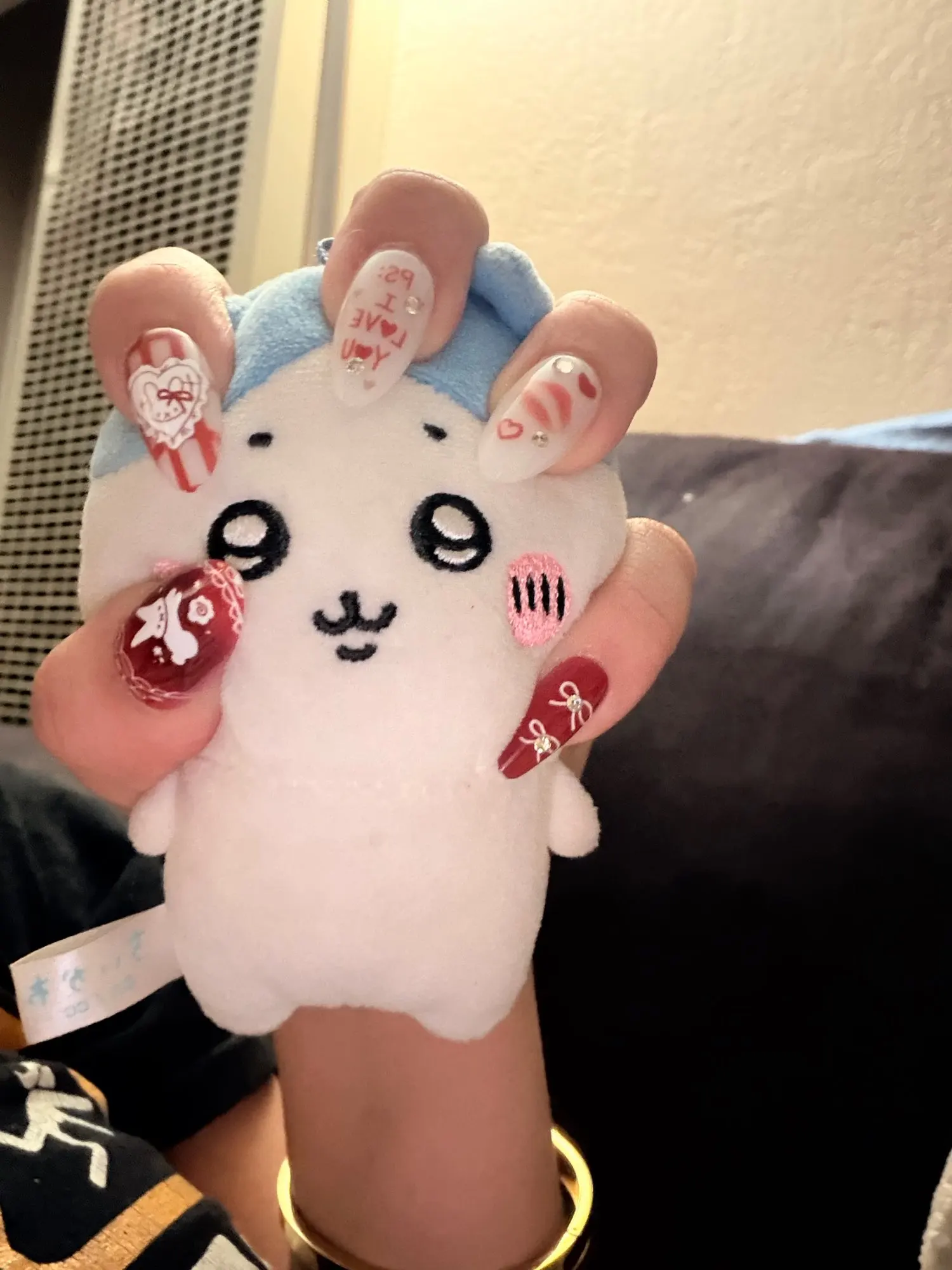 24PCS Wine Red Almond Press on Nails Cartoon Rabbit Bowknot with Plaid Pearl Designs French Fake Nails for Girls Detachable Nail photo review