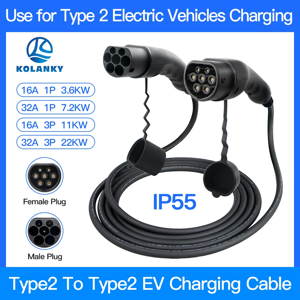 EV Charging Cable 32A 22KW 3 Phase Electric Vehicle Cord 5M Type 2 IEC 62196 EVSE Public Charging Station Female to Male Plug