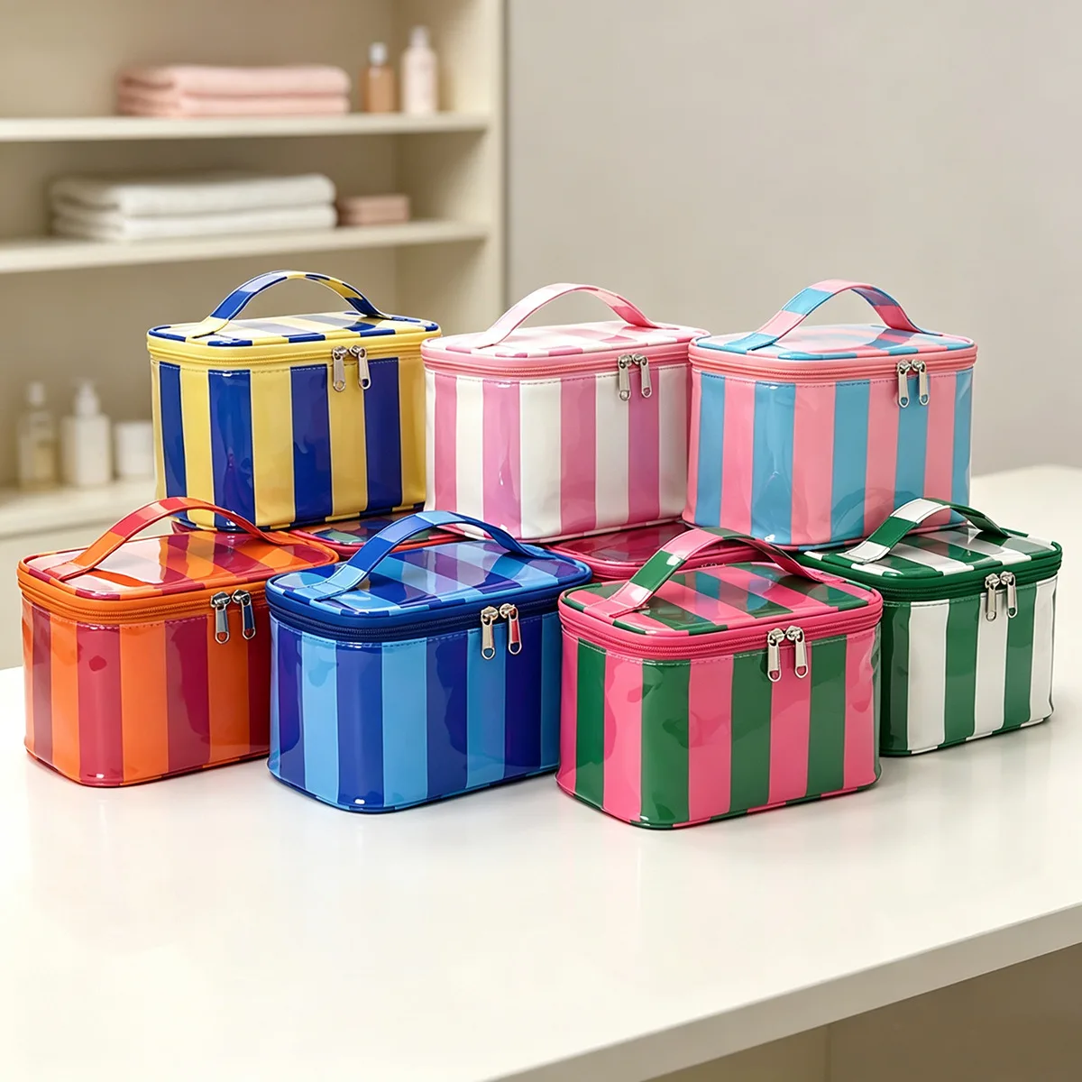 Women'S Color-Block Striped Handheld Makeup Case, Large-Capacity Double-Zipper Cosmetics Storage Bag, Travel Toiletry Bag