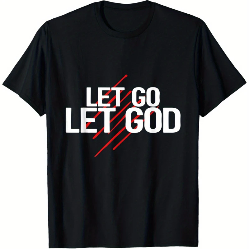 

Men'S Pure Cotton Let Go Let God Graphic T-shirt Casual Tee with Bold White Red Lettering Round Neck for Outdoor Casual Attire