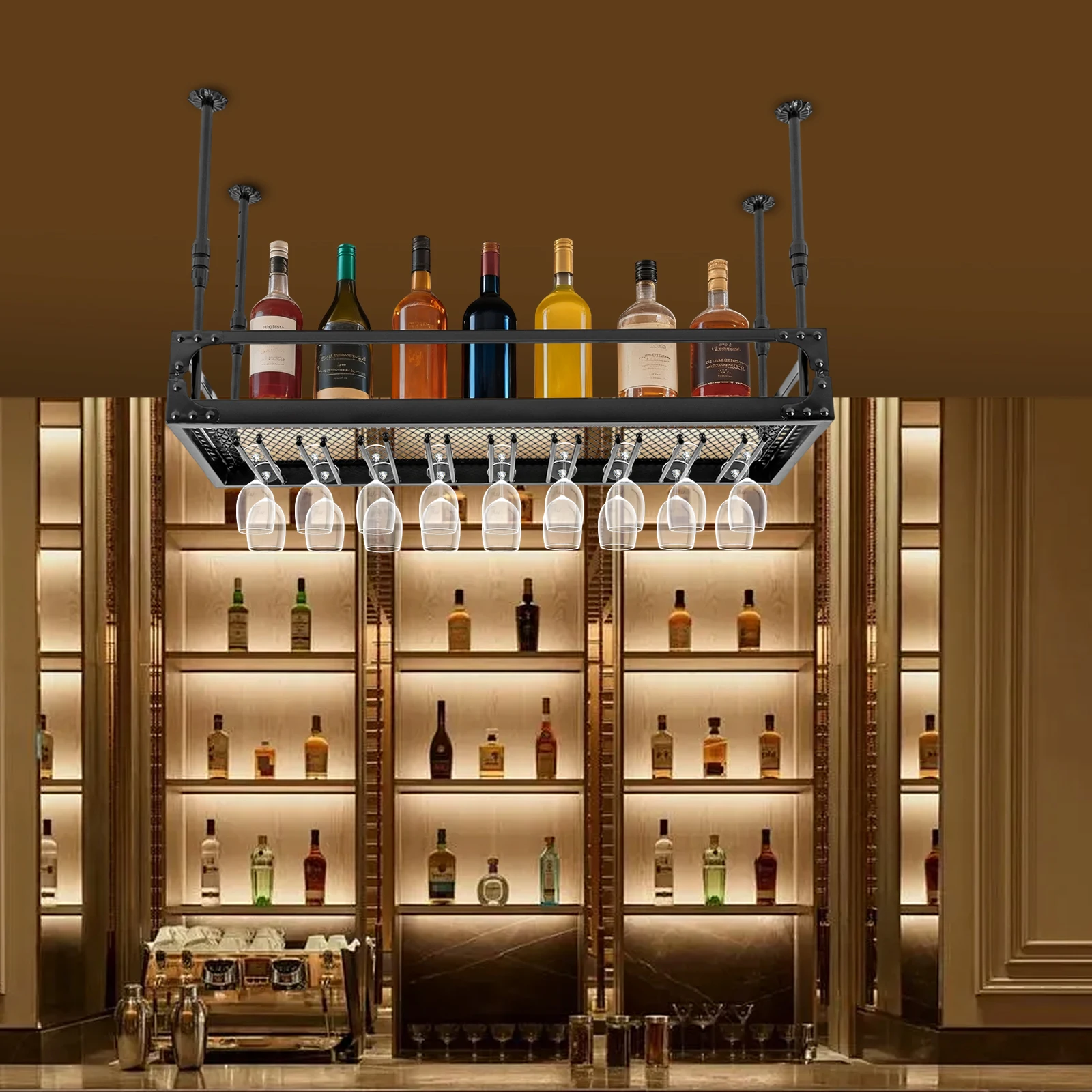 Industrial Vintage Bar Floating Shelf, Adjustable Height Ceiling Mounted Hanging Wine Bottle Holder, Shelf Champagne Glass Rack, Bar Home Decor(Size : 100cm)