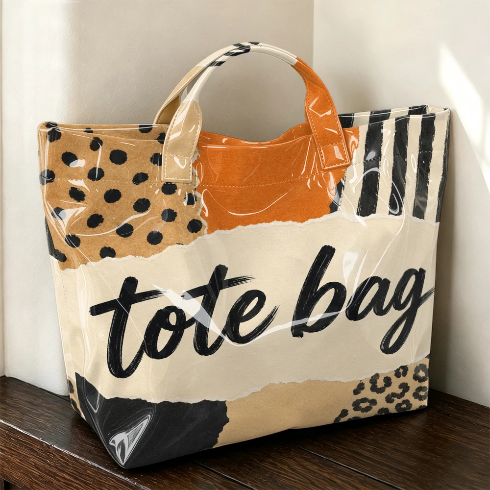 1PC Splicing Leopard-Print Polka-Dot Striped Letters Tote Bag, Retro Paper Tearing and Wind Contrast Printing, Large-Capacity Clutch Bag, Outdoor Travel Commuting, Storage of Beauty Books, Travel Paraphernalia, Short Handle Clutch Bag.