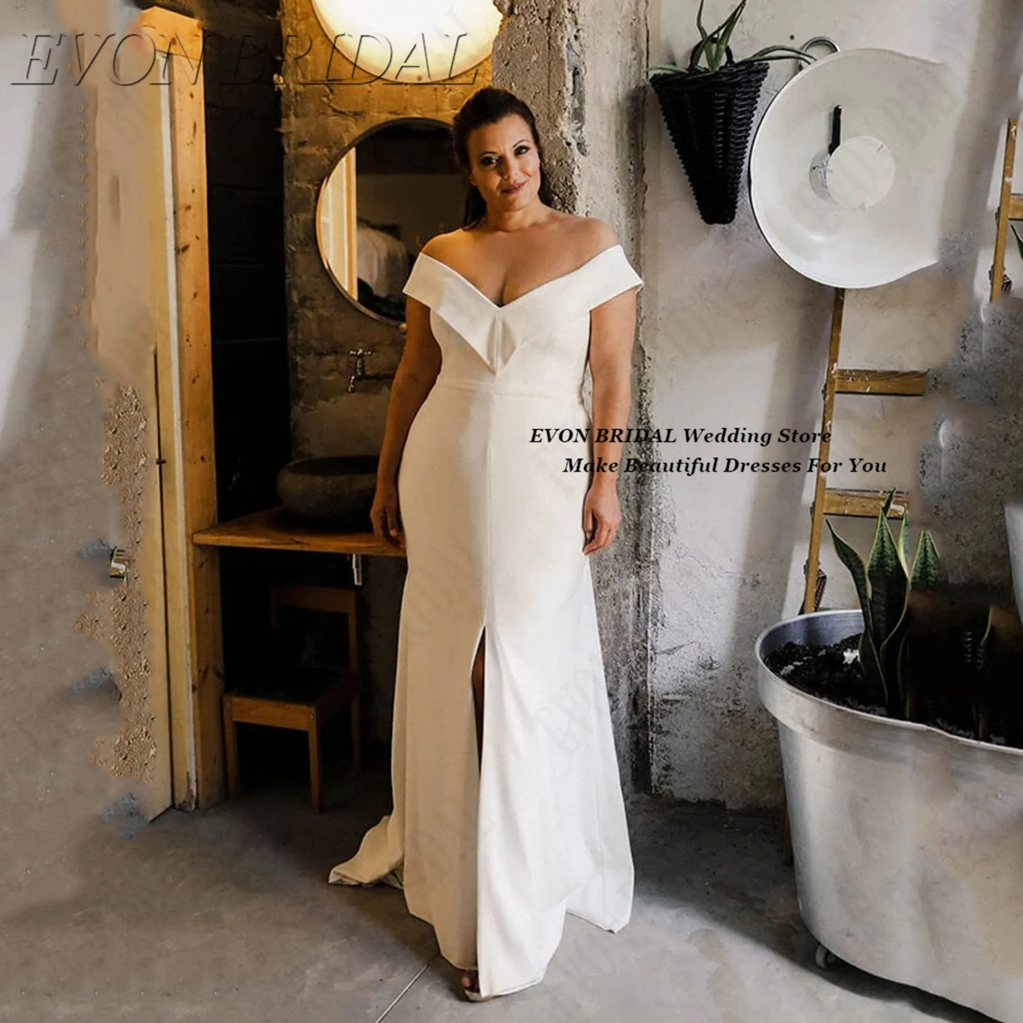 

2025 Customized Plus Size Bride Dresses Classic Slit Wedding Dress With Train Fishtail Elegant Bridal Party Gown EVON BRIDA