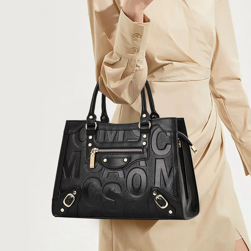 

Genuine Leather Cowhide Letter-Embellished Women's Tote Bag with Shoulder Strap, Convertible for Handheld, Single-Shoulder and C