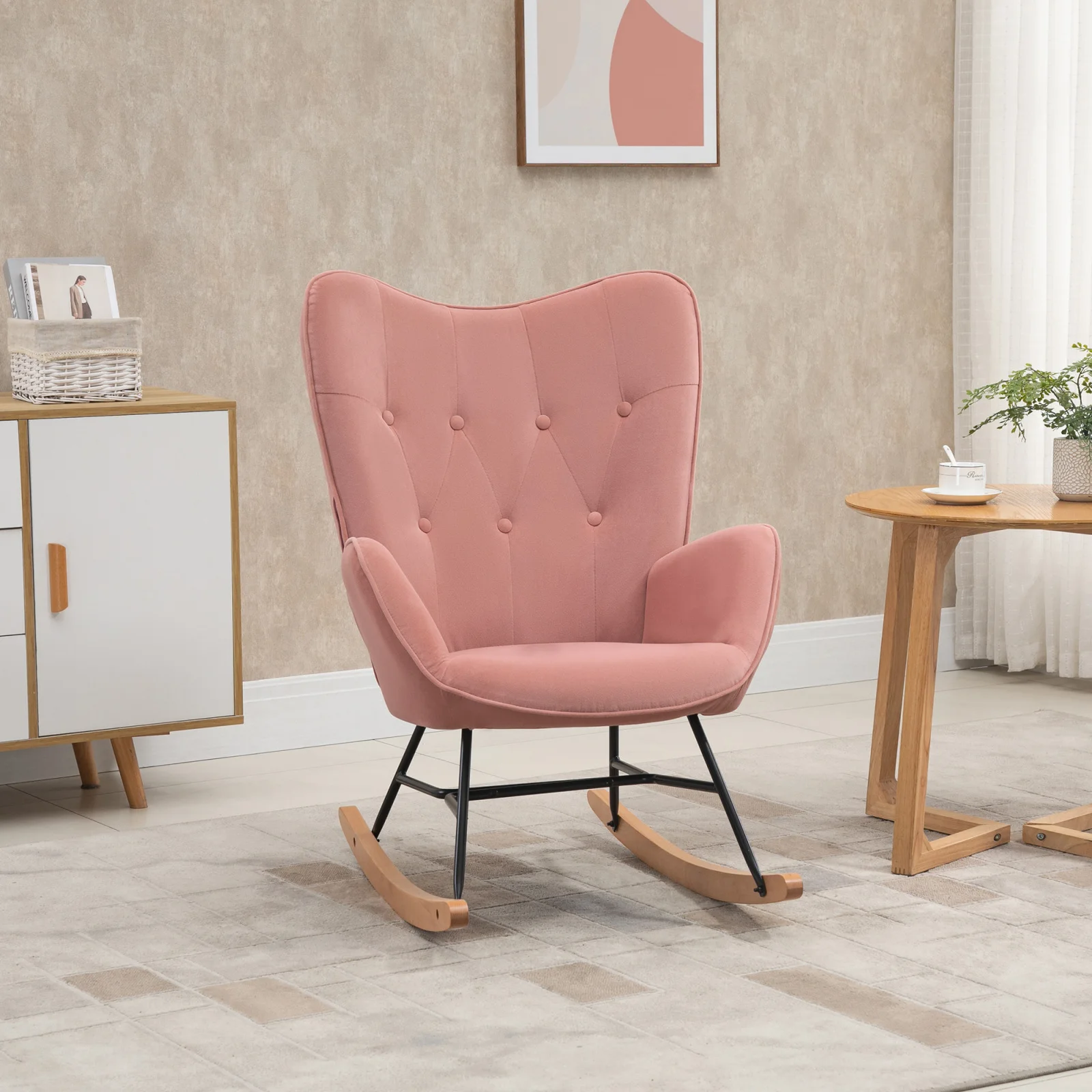 Anajqaqia Sedia a dondolo 65x70x96 cm, schienale alto, struttura in acciaio, poliestere simile a velluto, legno di gomma, rosa