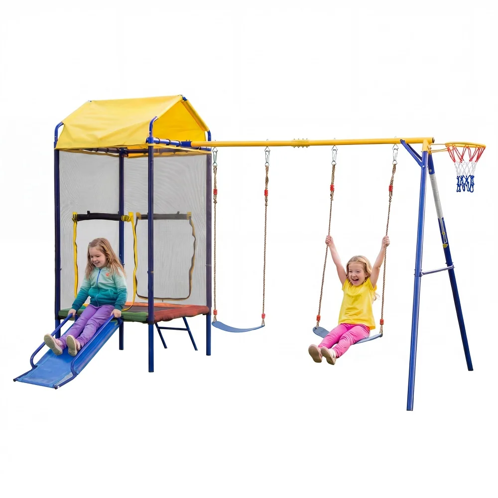 Speelset voor kinderen voor buiten, met trampoline, schommel en glijbaan, tuinschommelset met veiligheidsnet en basketbalring, stevig metalen frame, speeltoestellen voor buiten, geschikt voor de