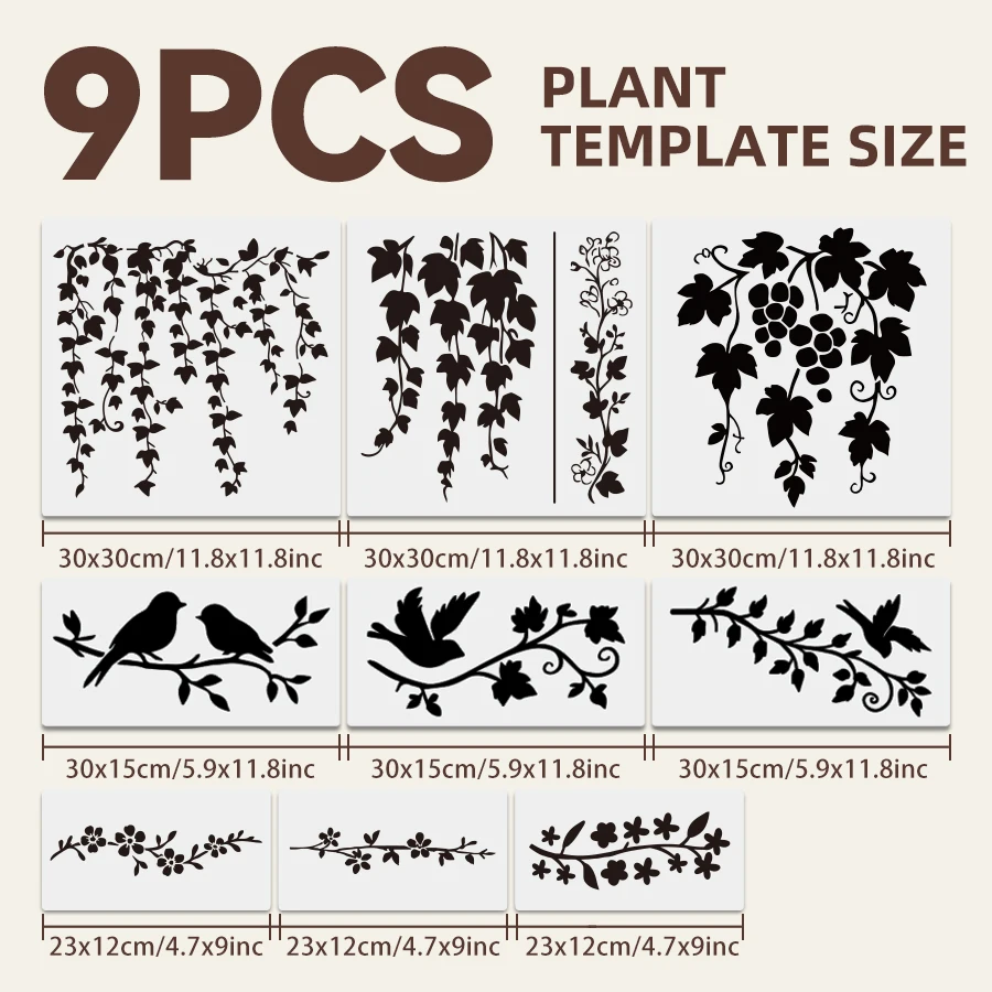 9PCS + 3PCS Plant Stencil Set for DIY Projects, Reusable Botanical Stencils for Walls, Canvas Furniture, Fabric – Grape Vines,