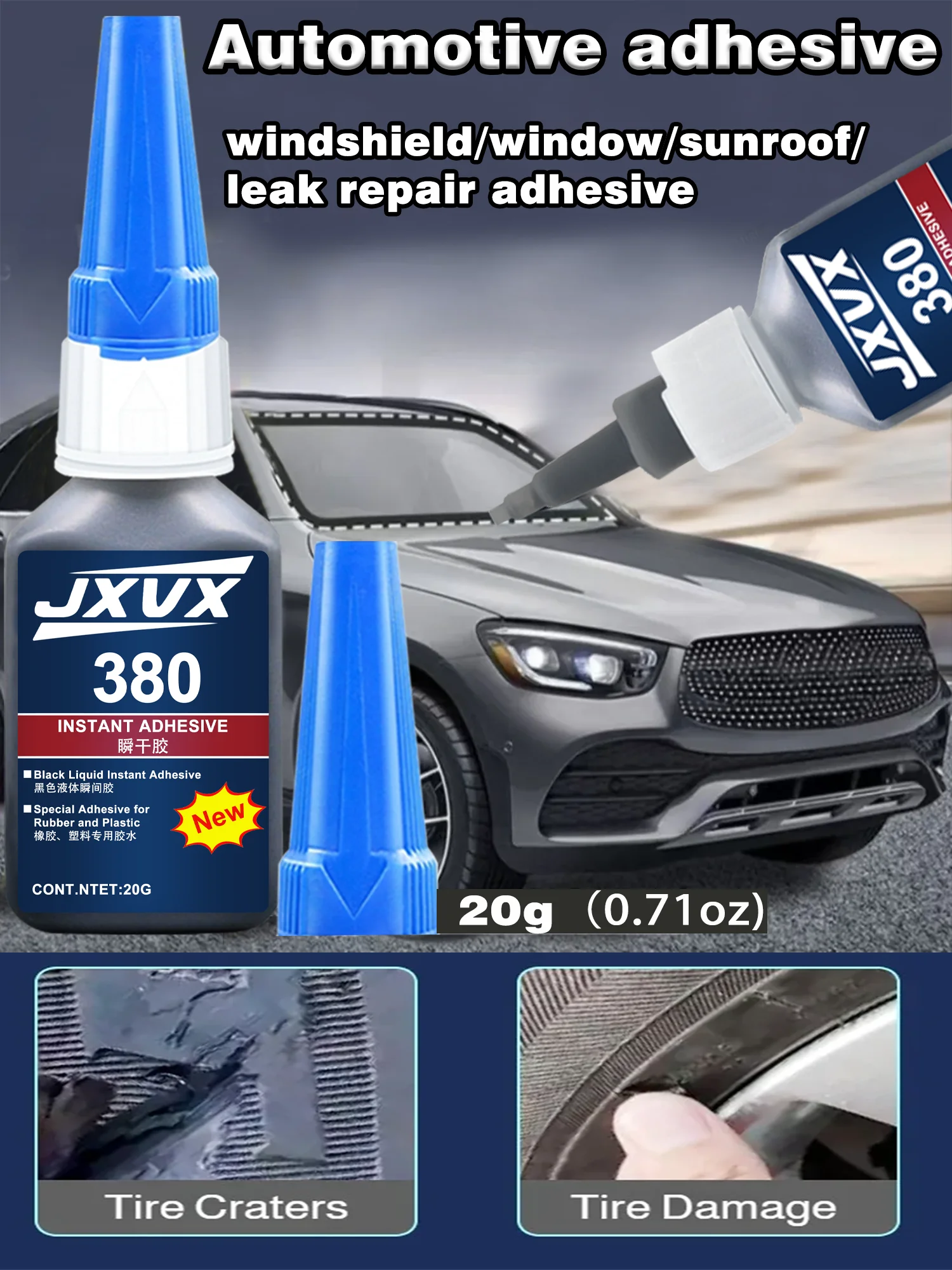 JXVX Automobil-Kunststoffkleber, starker Kleber, schwarzer Kleber für Autostoßstangenverkleidung, Gummidichtung, Innen- und Außenteile, Reparatur, 20 ml, 6 Stück