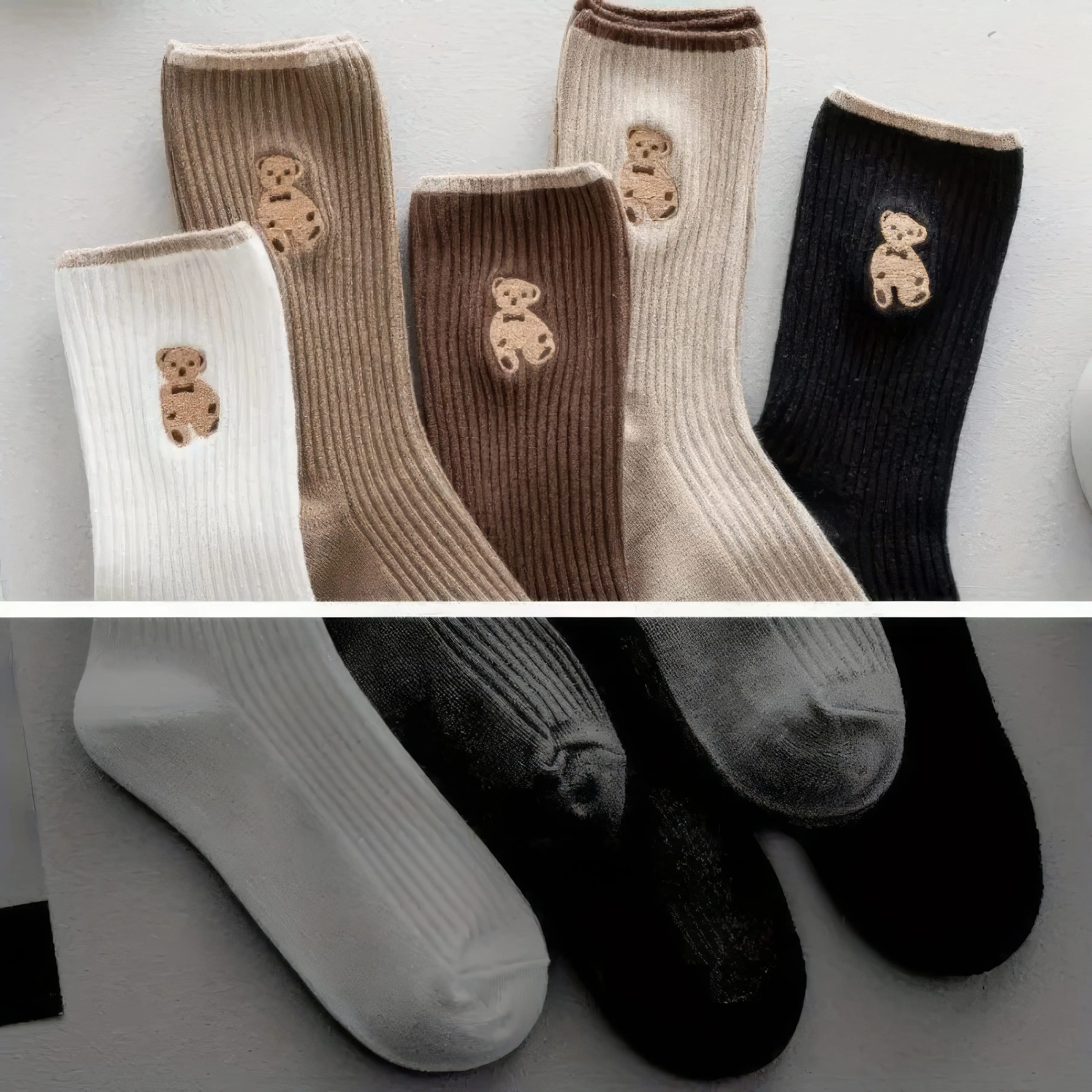 

5 Pairs of Cute Teddy Bear Socks - Super Soft & Comfortable Multi-Color Crew Socks (Assorted Colors)