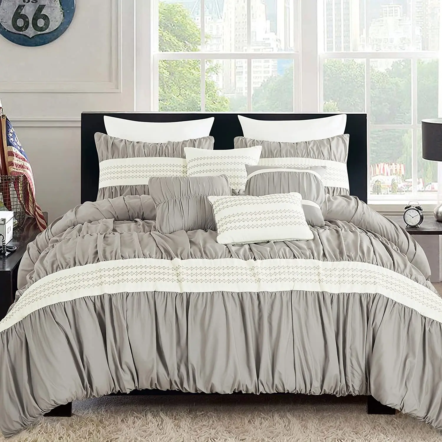 7-Piece Gray Luxury Micro Striped Microfiber Polyester Queen Comforter Set