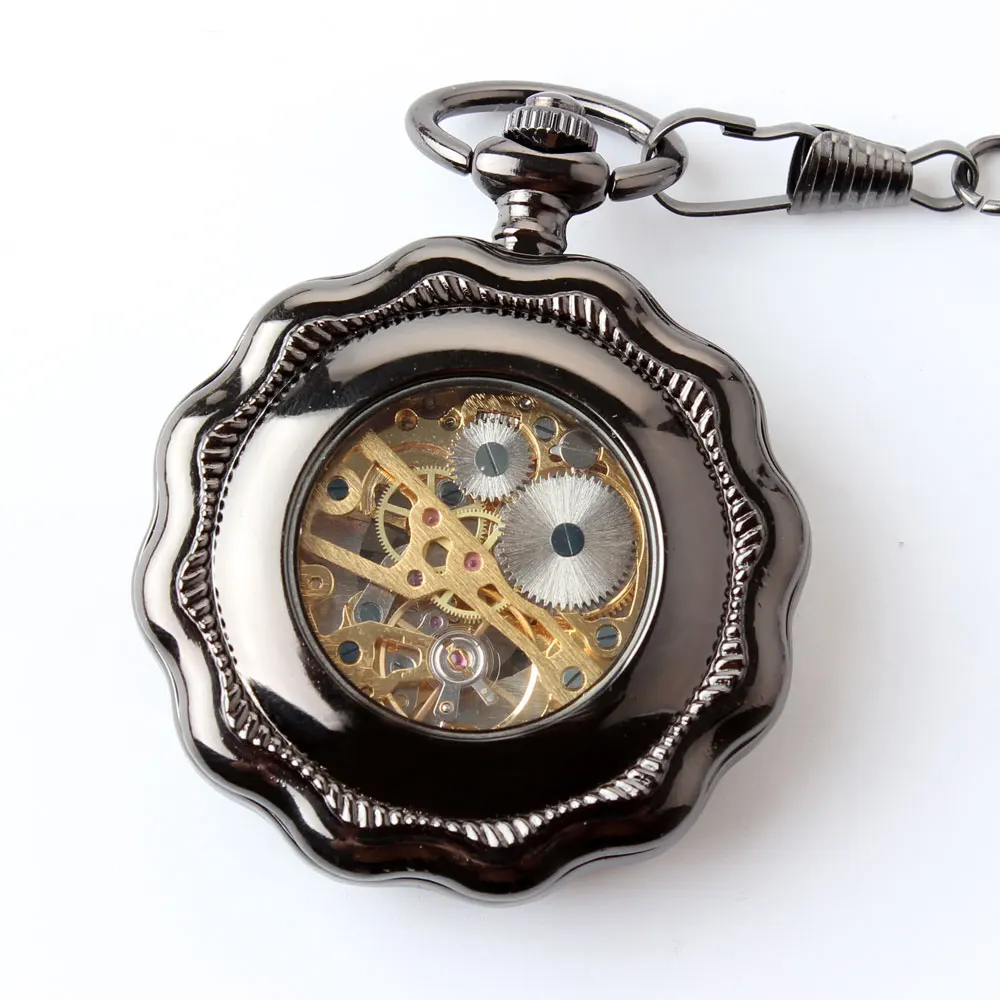 Fashion Chic Black Vintage Pocket Watch Mechanical Hand-winding  Men Ladies Hollow Pocket Watch Necklace Sweater Chain Clock New