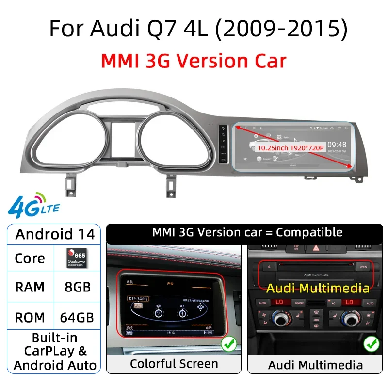 Android 14 Auto-Radio mit Carplay-Bildschirm für Audi Q7 4L 2005-2015 MMI 2G 3G GPS-Navigation mit Rückfahrkamera Automotive Multimedia DSP
