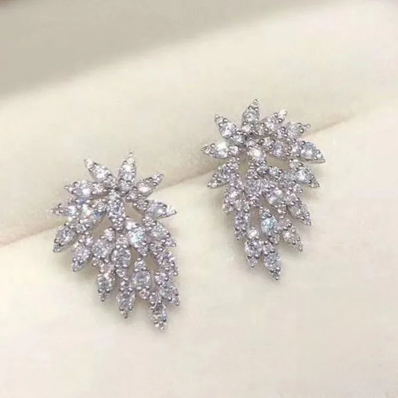 Rhinestone 925 srebro oświadczenie kolczyki 2021 geometryczne duże liście kolczyki z piórami dla kobiet kryształowy prezent ślubny — zdjęcie 2