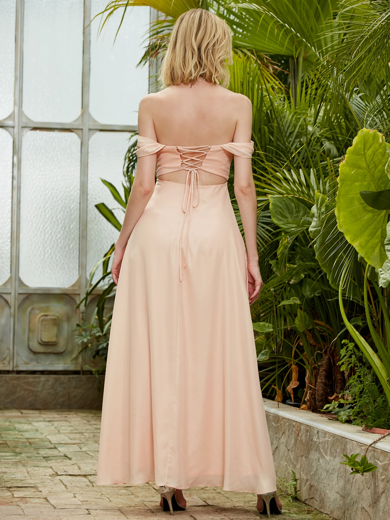 Angel-fashion Women's Off-Shoulder Chiffon Long Dress, Elegant A-Line Slit Gown, Lace-Up Back, Blush Pink – Bridesmaid, Prom, Fo