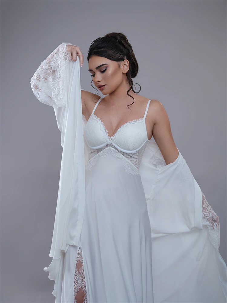 Personalizado de duas peças cintas de espaguete cetim macio noiva robe para casamento sexy rendas vestido de chá de panela feminino noite gwons 2024