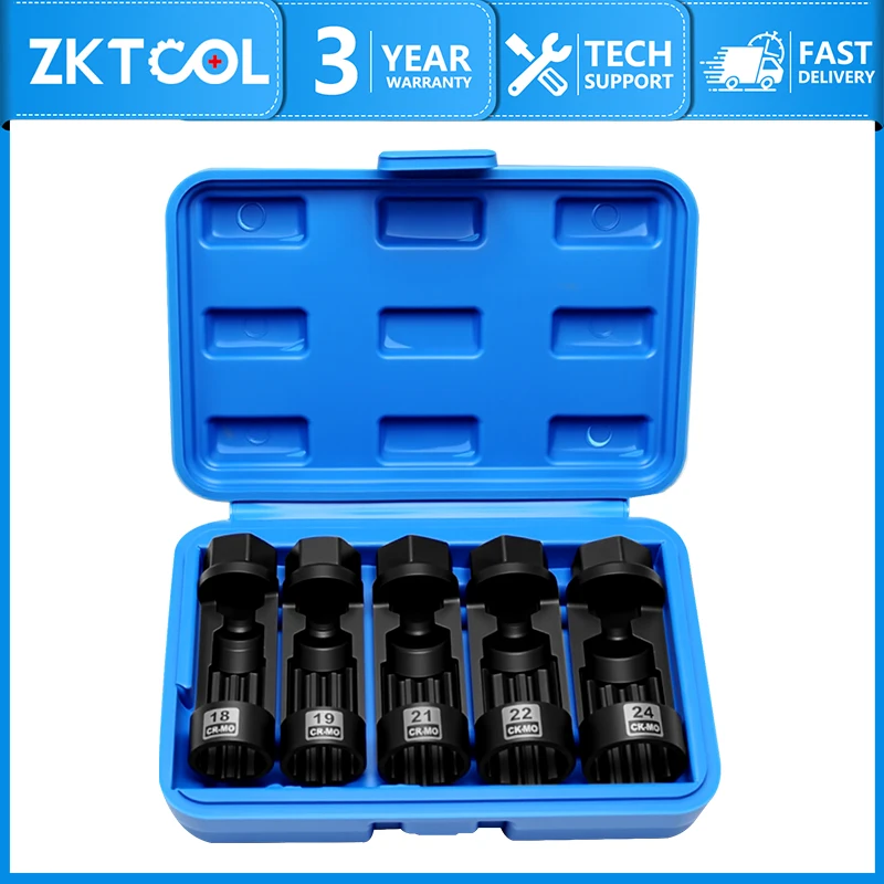 ZKTOOL 5-teiliges Set mit Hülsen für die Montage und Demontage von Federbeinmuttern, 18 mm, 19 mm, 21 mm, 22 mm, 24 mm, zum Entfernen und Anbringen von Federbeinmuttern.