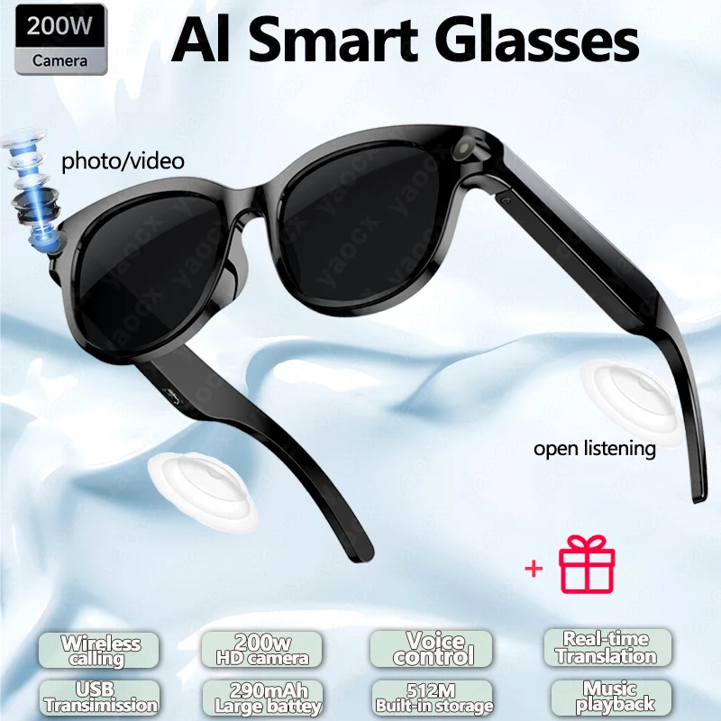 New Al Smart Glasses 200w HD LED Flashligh Video Record AI Translation Photo Recognition Music Playback BT Call Smart Sunlasses
