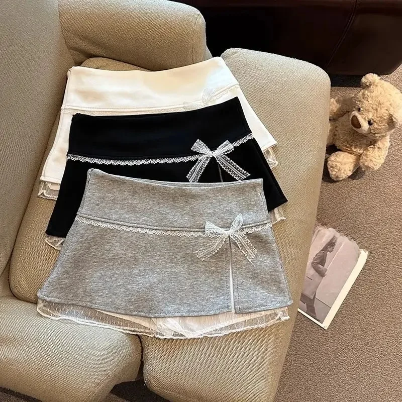 Douce dentelle Patchwork femmes jupes été japonais Kawaii arc Mini jupes mode taille basse Preppy fente une ligne jupes nouveau