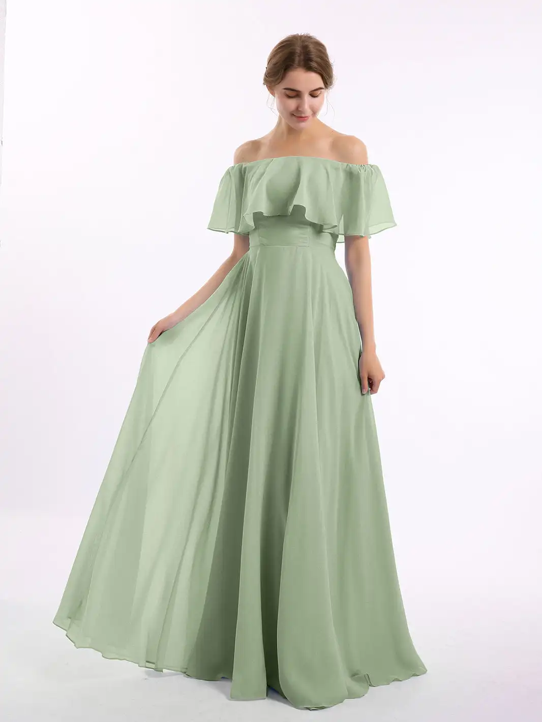 Off The Shoulder Chiffon Bridesmaid Dress Flutter Sleeves Wedding Cocktail Dresses With Slit Pleated Evening Gowns