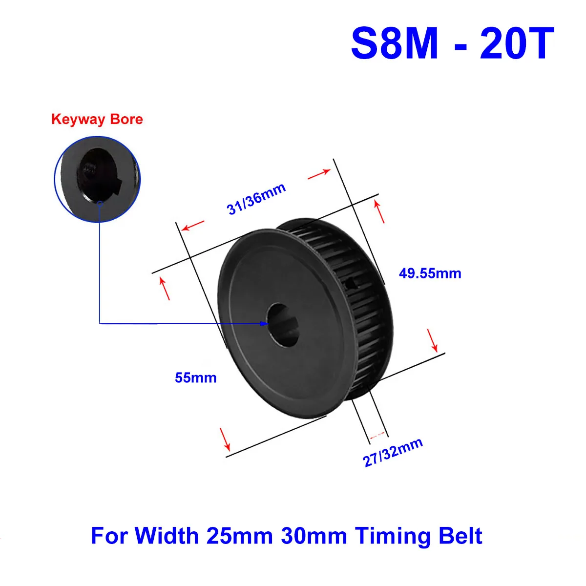 45# Steel Timing Pulley S8M-20Teeth Keyway Bore 8mm~28mm Synchronous Pulley Wheel For Width 25 / 30mm S8M Rubber Timing Belt