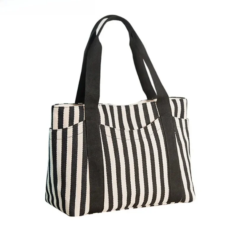 Summer Ladeis Striped Canvas Tote Handbag Retro Hit Color Shopping Hot Sale Beach Simple Shoulder Crossbody Casual Bag — zdjęcie 2