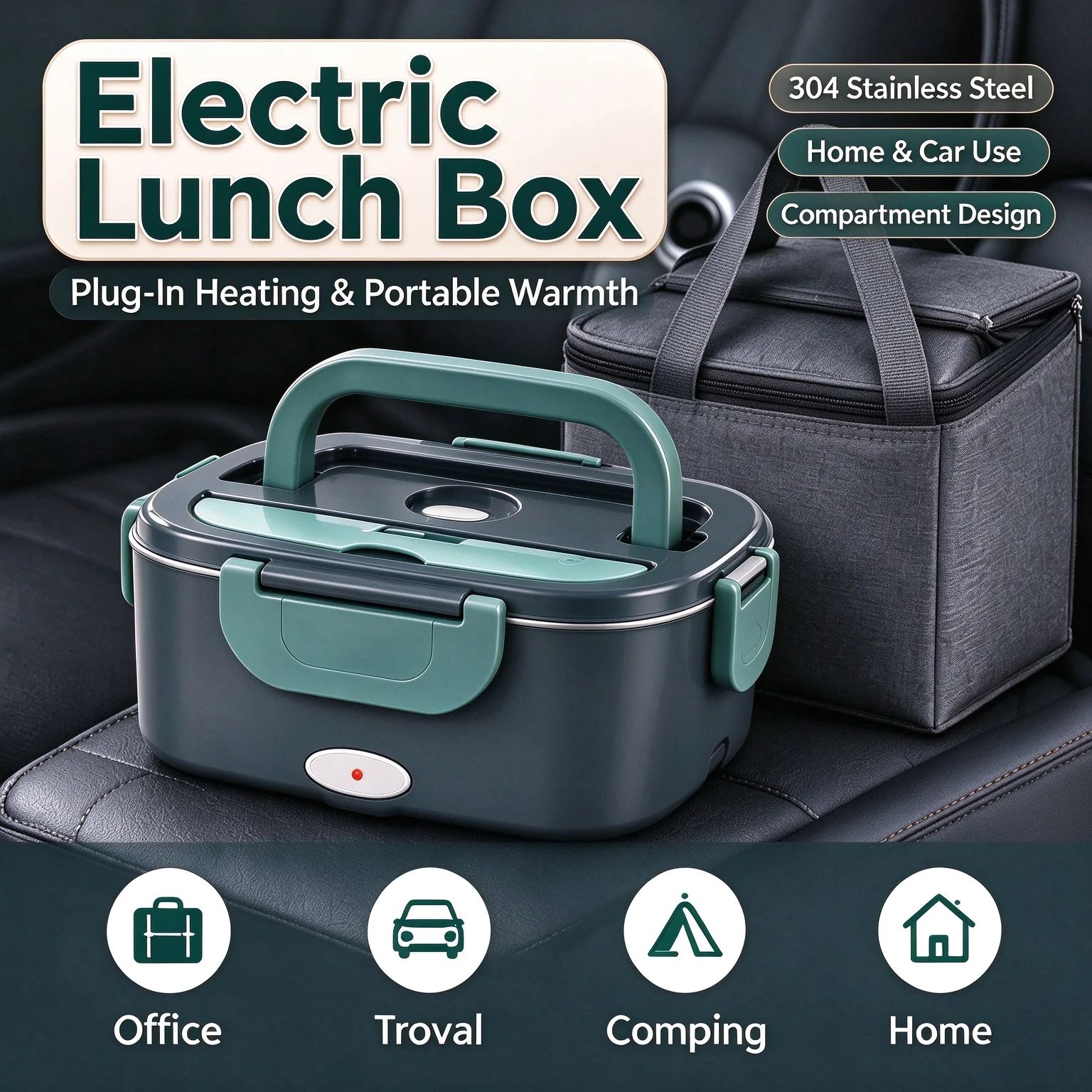 Electric Lunch Box with Double Compartments, Portable Food Warmer, 110V-240V & 12V/24V, Heated Lunch Container for Home, Car & Camping