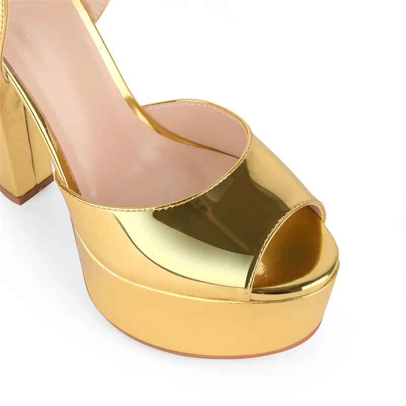 Onlymaker Women Peep Toe Platform Patent Leather Ankle Strap Sandals Slingback Party Dress Big Size Chuny Heel Sandals
