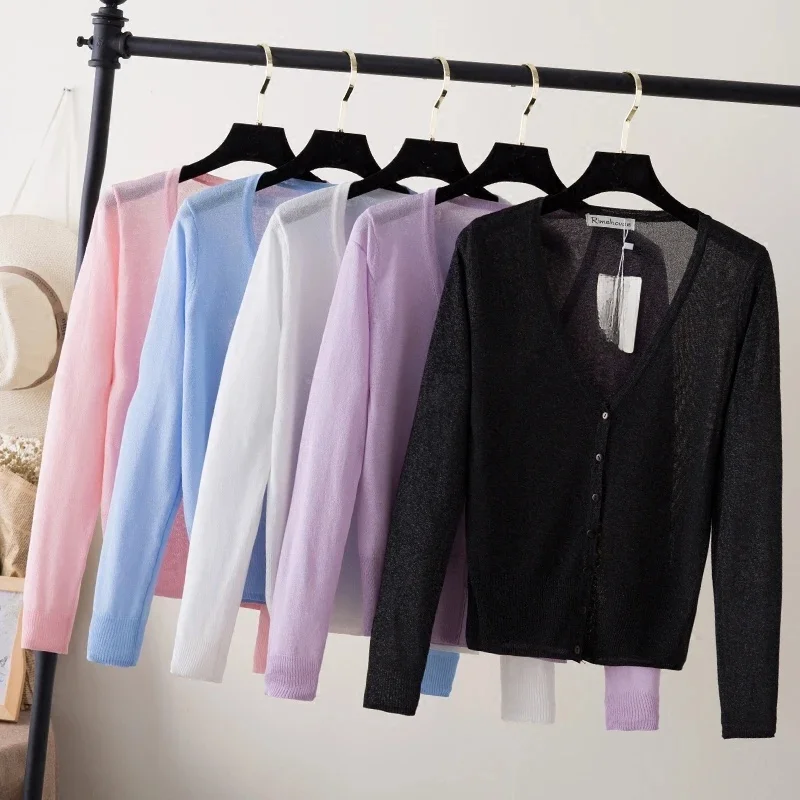 Letni kardigan kobiety przycięte koreański styl mody kobiet czarny płaszcz damski odzież V-neck panie sweter wierzchni słodkie podstawowe koreański Styl Moda Plus Rozmiar przycięte Z długim rękawem szydełkowe Damskie S — zdjęcie 2