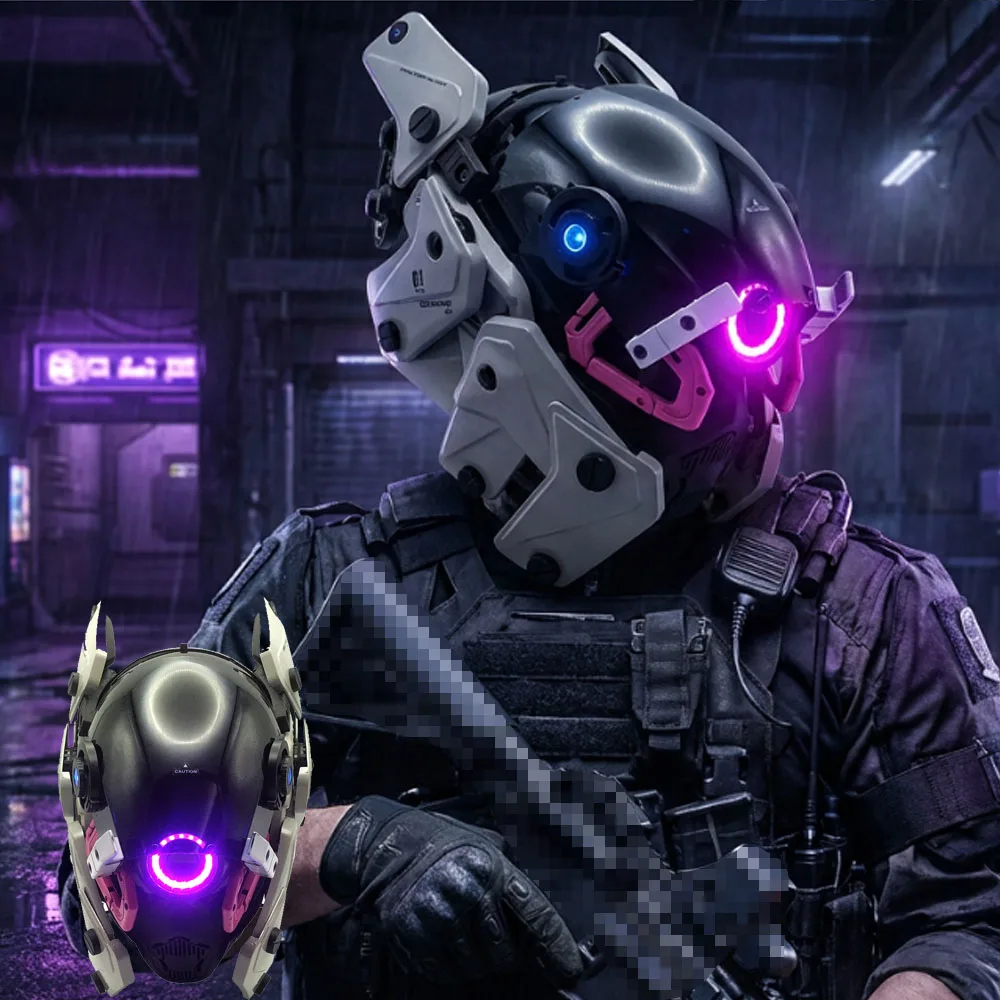 Inosuke's Mecha Punk Helmet, Adult Futuristic Techwear Helmet with LED Lamp for Halloween Cosplay Cool Costume Accessory